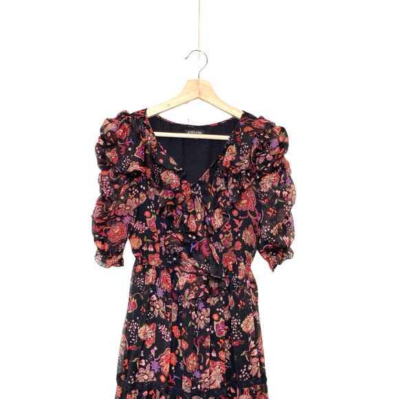 Antheaa Womens Medium Floral Midi Dress Ruffle Sleeve Tiered Pleated Puff Sleeve - Picture 7 of 13